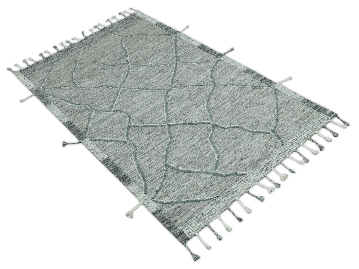 Modern Geometrical Hand carved Texture Gray, Ivory and Charcoal Hand Knotted 5x8 wool Area Rug