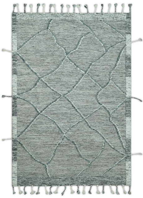 Modern Geometrical Hand carved Texture Gray, Ivory and Charcoal Hand Knotted 5x8 wool Area Rug