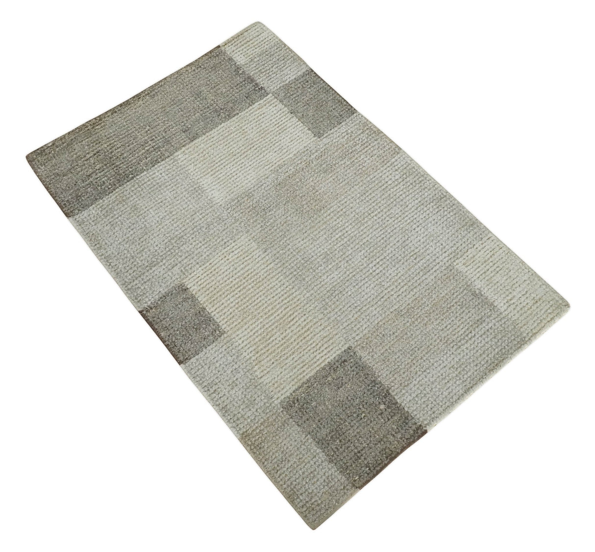 Modern Geometrical Hand knotted 2x3 Gray, Beige and Silver Area Rug | N5323
