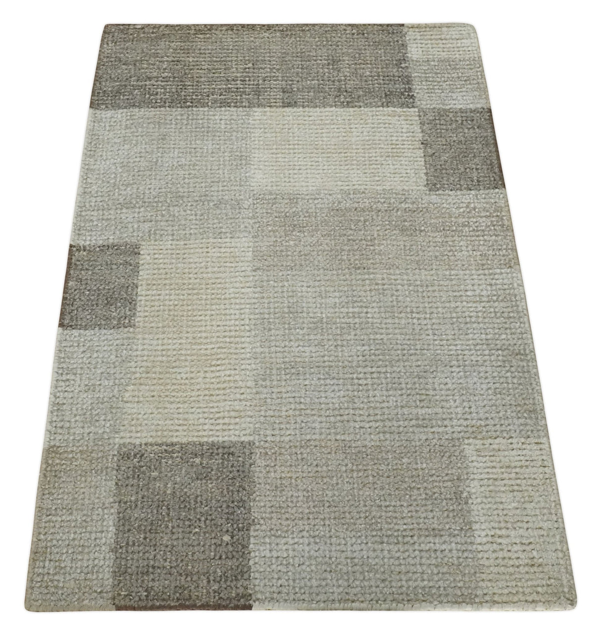 Modern Geometrical Hand knotted 2x3 Gray, Beige and Silver Area Rug | N5323