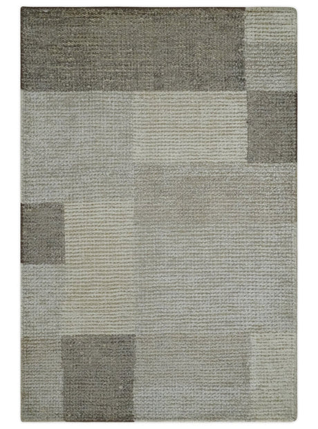 Modern Geometrical Hand knotted 2x3 Gray, Beige and Silver Area Rug | N5323