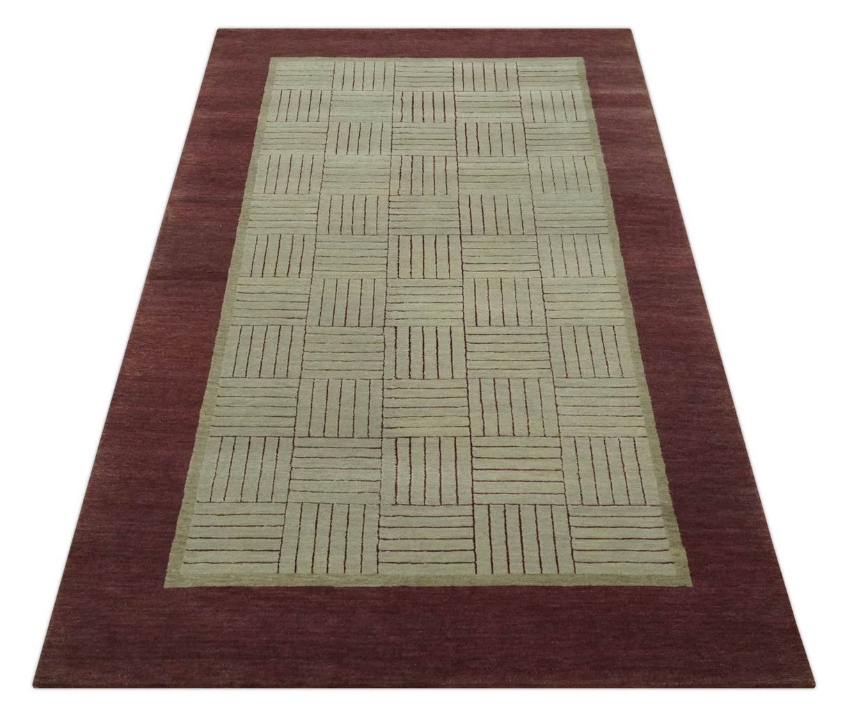 Modern Geometrical Hand knotted Maroon and Beige 5x8 Wool and Art Silk Area Rug