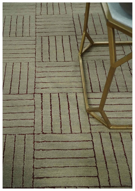 Modern Geometrical Hand knotted Maroon and Beige 5x8 Wool and Art Silk Area Rug