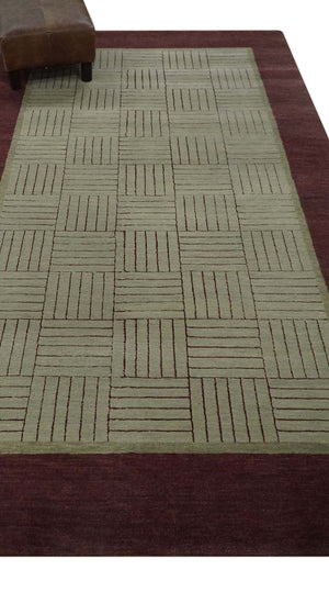 Modern Geometrical Hand knotted Maroon and Beige 5x8 Wool and Art Silk Area Rug