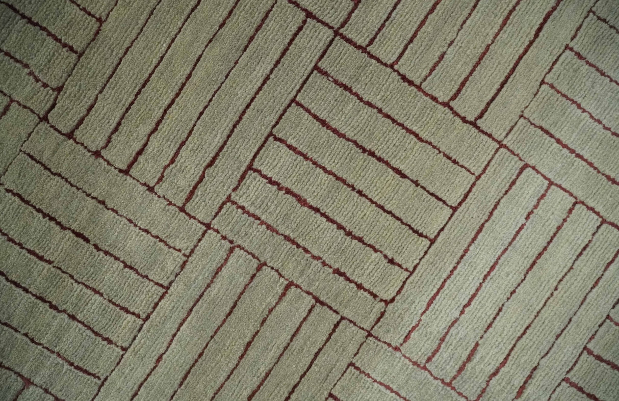 Modern Geometrical Hand knotted Maroon and Beige 5x8 Wool and Art Silk Area Rug