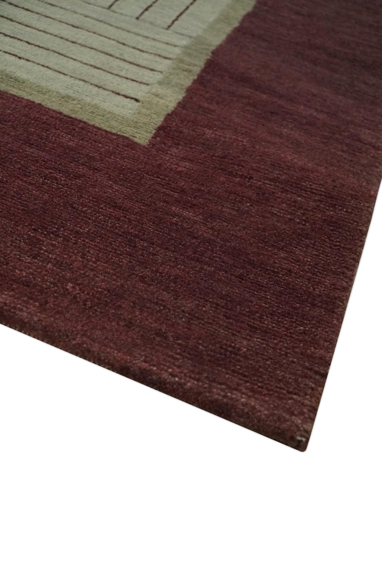 Modern Geometrical Hand knotted Maroon and Beige 5x8 Wool and Art Silk Area Rug
