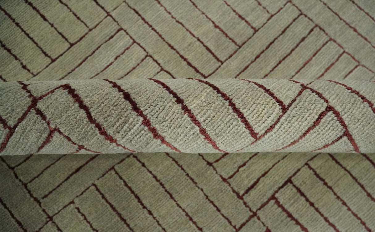 Modern Geometrical Hand knotted Maroon and Beige 5x8 Wool and Art Silk Area Rug