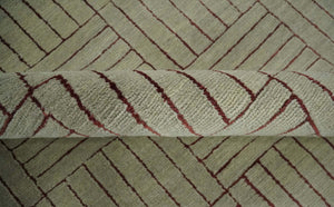 Modern Geometrical Hand knotted Maroon and Beige 5x8 Wool and Art Silk Area Rug