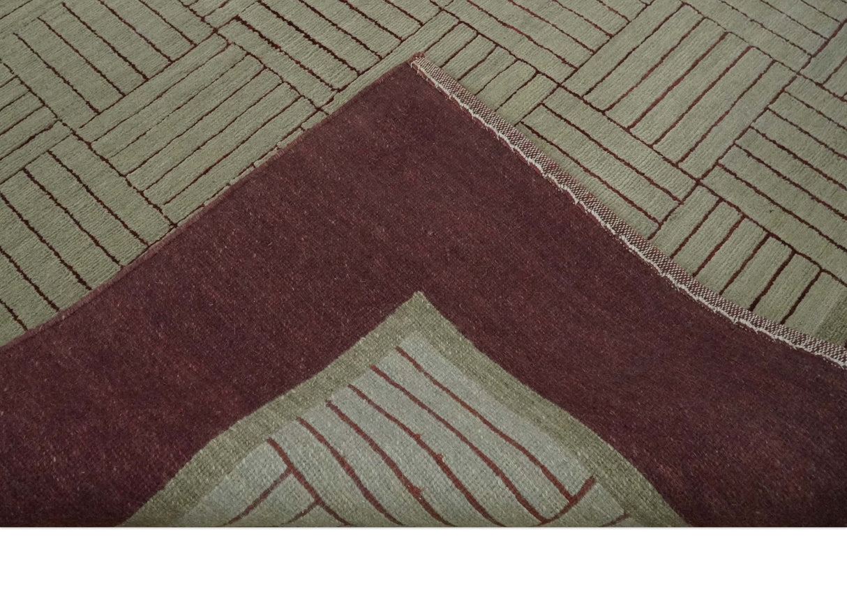 Modern Geometrical Hand knotted Maroon and Beige 5x8 Wool and Art Silk Area Rug