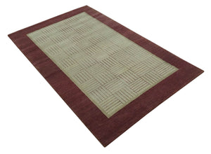 Modern Geometrical Hand knotted Maroon and Beige 5x8 Wool and Art Silk Area Rug