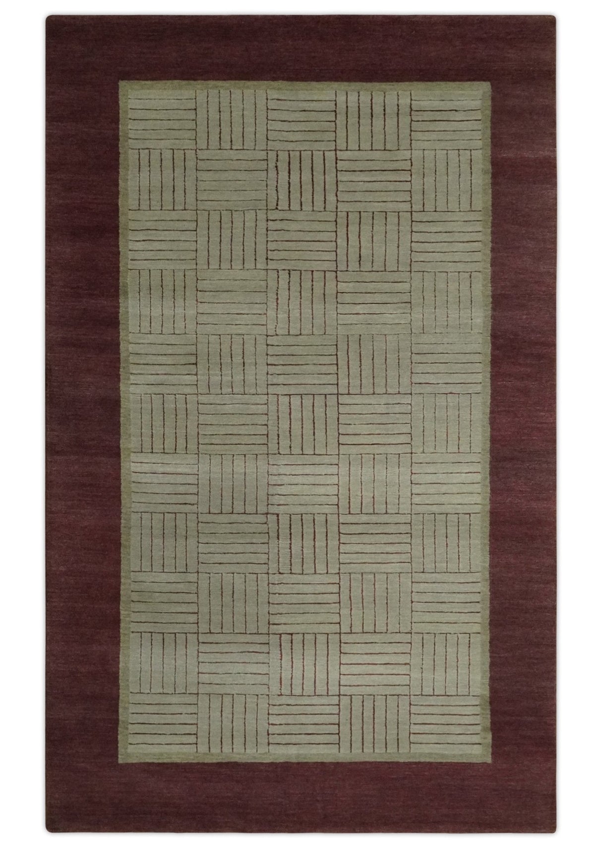 Modern Geometrical Hand knotted Maroon and Beige 5x8 Wool and Art Silk Area Rug