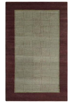 Modern Geometrical Hand knotted Maroon and Beige 5x8 Wool and Art Silk Area Rug
