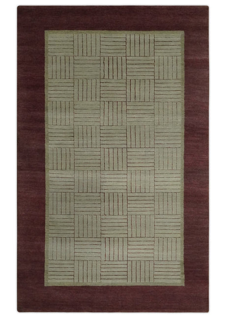Modern Geometrical Hand knotted Maroon and Beige 5x8 Wool and Art Silk Area Rug