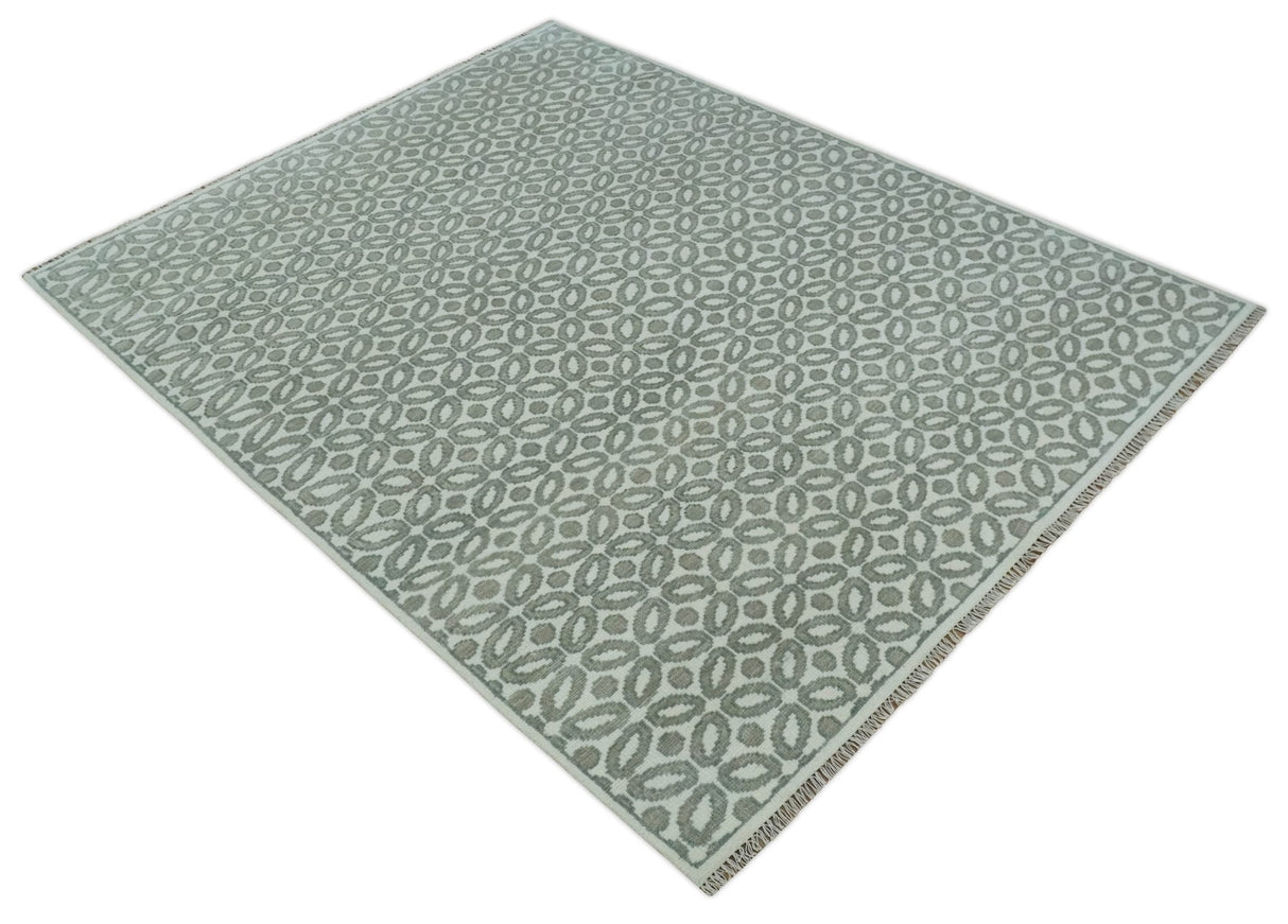 Modern Geometrical Ivory, Teal and Brown Hand Knotted 8x10 wool Area Rug