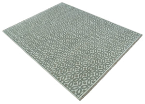 Modern Geometrical Ivory, Teal and Brown Hand Knotted 8x10 wool Area Rug