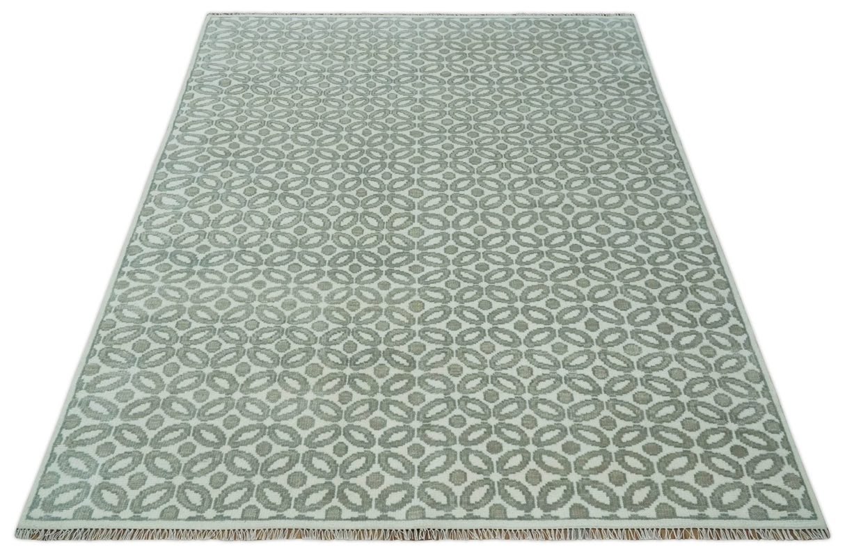 Modern Geometrical Ivory, Teal and Brown Hand Knotted 8x10 wool Area Rug