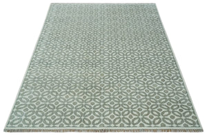 Modern Geometrical Ivory, Teal and Brown Hand Knotted 8x10 wool Area Rug
