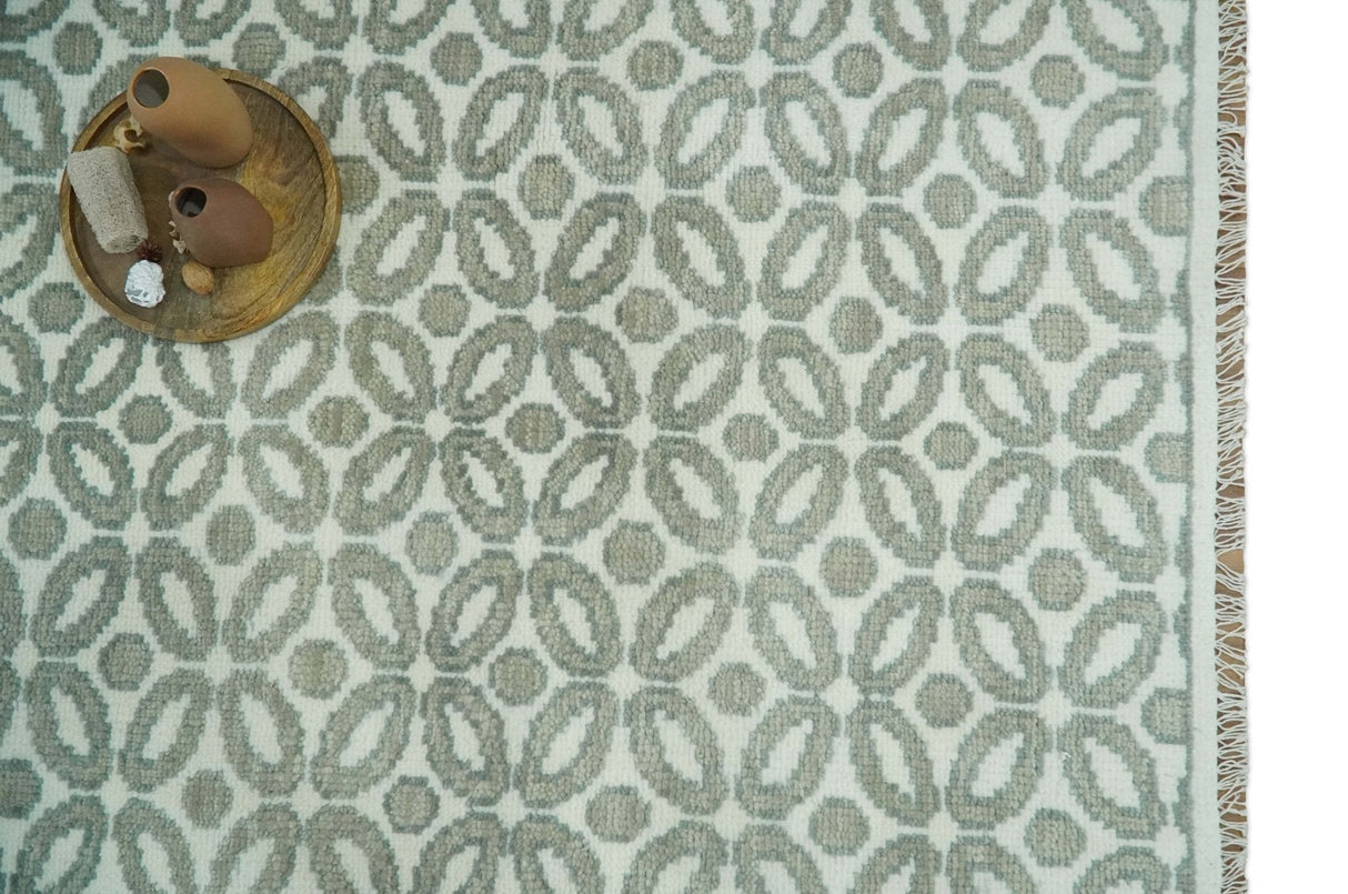Modern Geometrical Ivory, Teal and Brown Hand Knotted 8x10 wool Area Rug