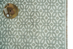 Modern Geometrical Ivory, Teal and Brown Hand Knotted 8x10 wool Area Rug