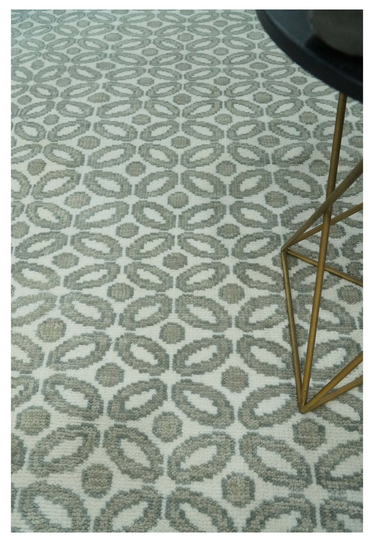 Modern Geometrical Ivory, Teal and Brown Hand Knotted 8x10 wool Area Rug
