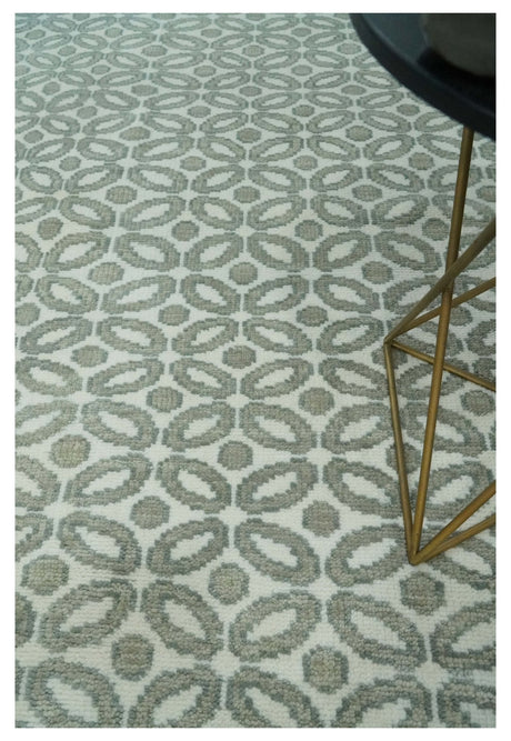 Modern Geometrical Ivory, Teal and Brown Hand Knotted 8x10 wool Area Rug