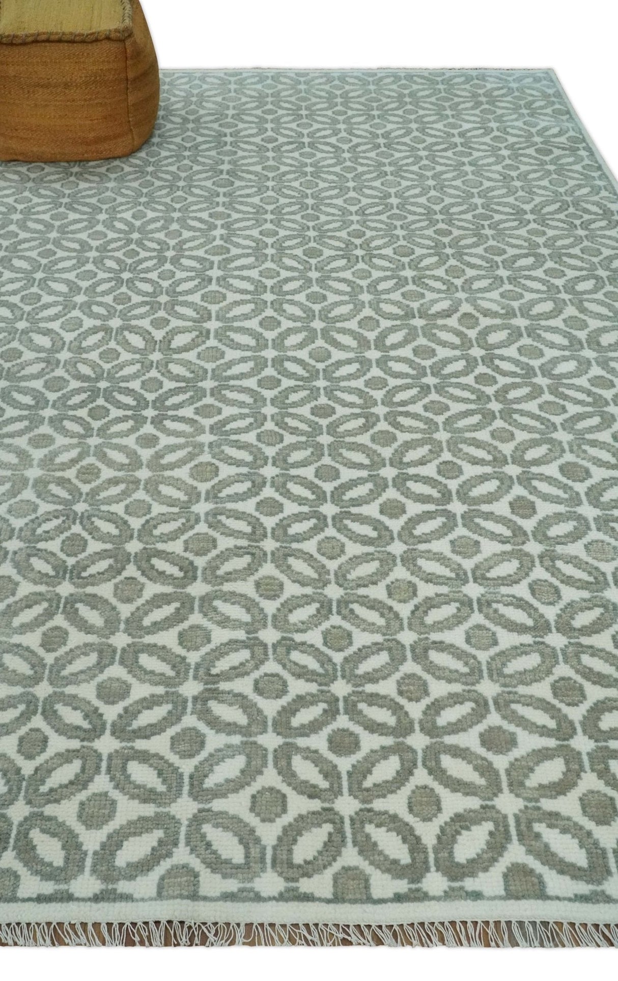 Modern Geometrical Ivory, Teal and Brown Hand Knotted 8x10 wool Area Rug