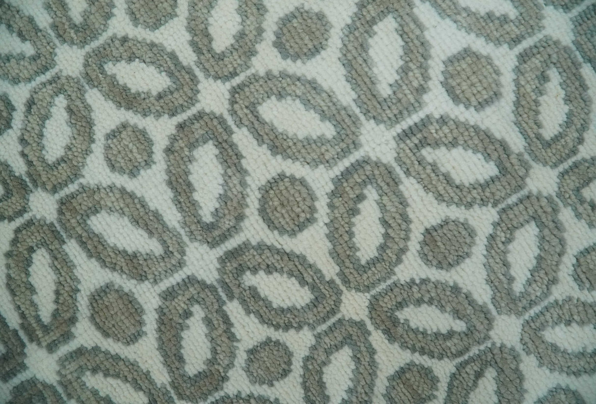 Modern Geometrical Ivory, Teal and Brown Hand Knotted 8x10 wool Area Rug