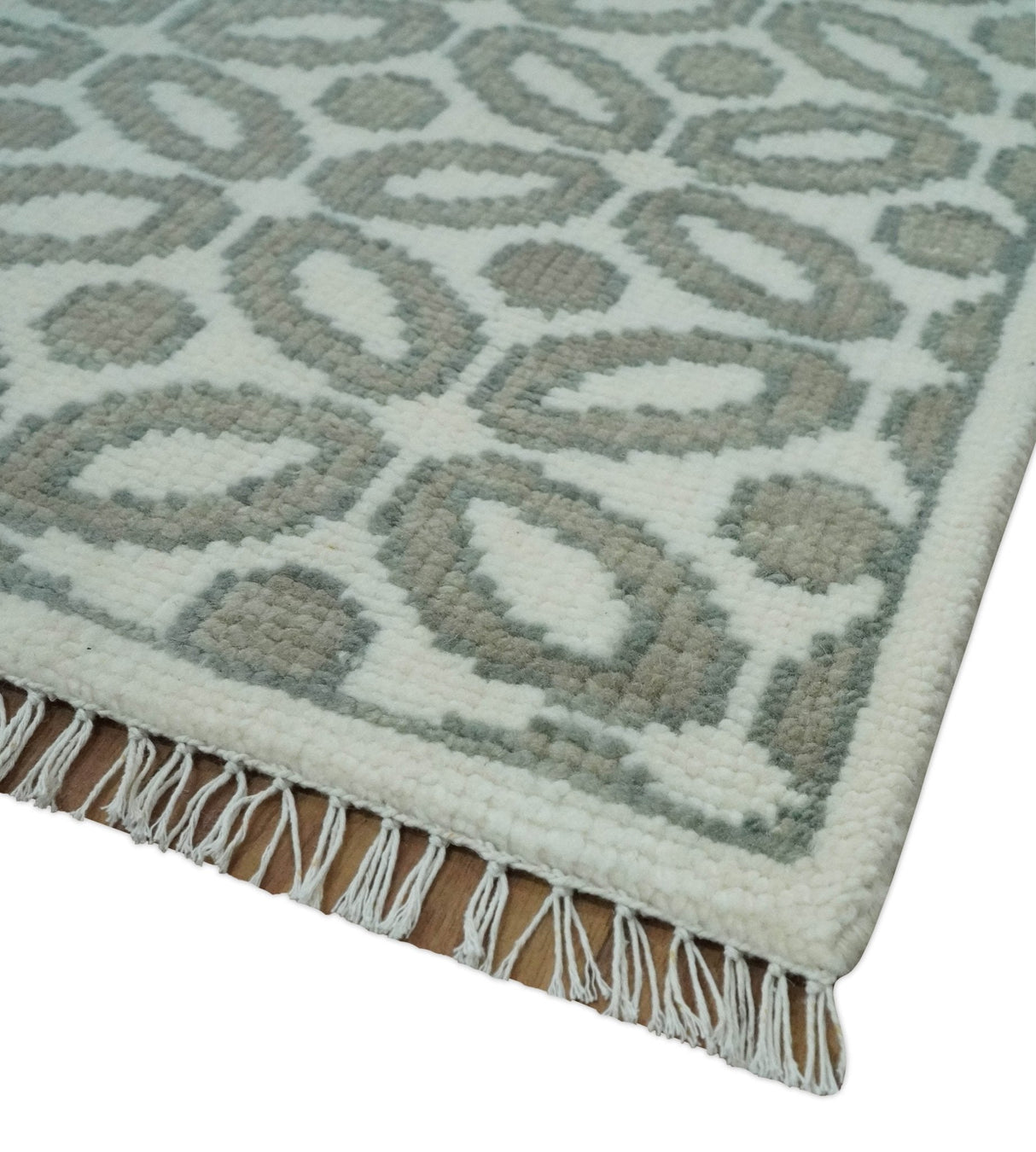 Modern Geometrical Ivory, Teal and Brown Hand Knotted 8x10 wool Area Rug