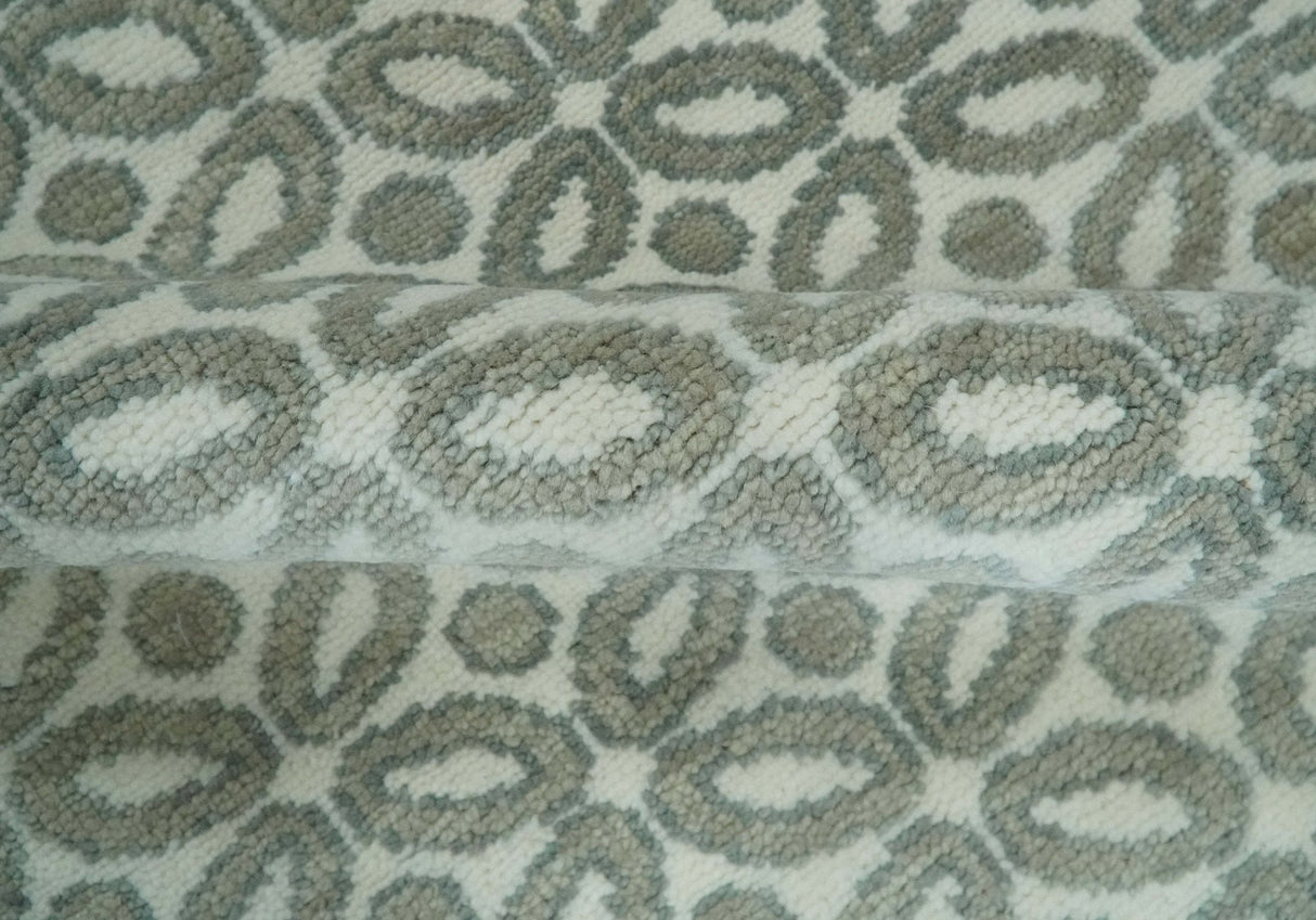 Modern Geometrical Ivory, Teal and Brown Hand Knotted 8x10 wool Area Rug