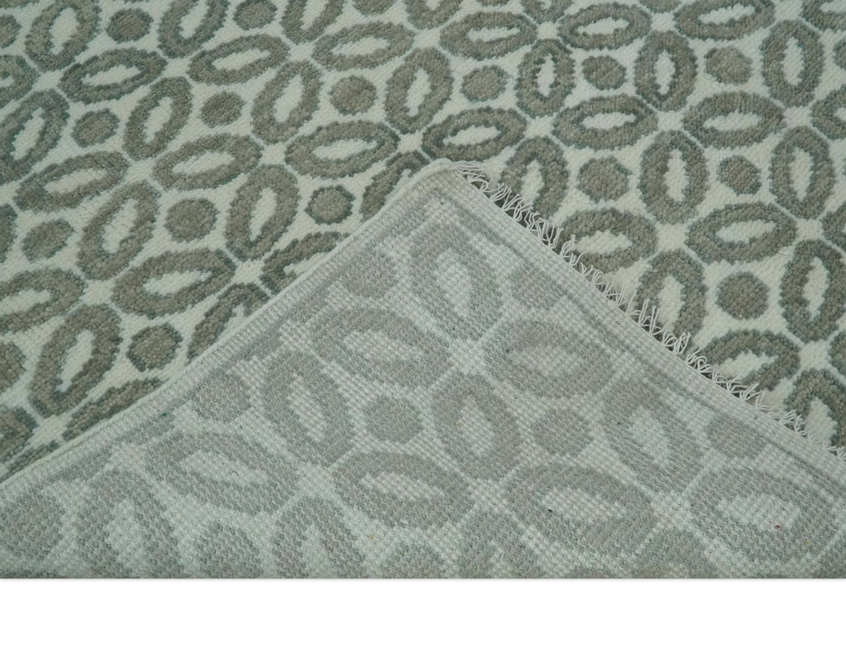 Modern Geometrical Ivory, Teal and Brown Hand Knotted 8x10 wool Area Rug