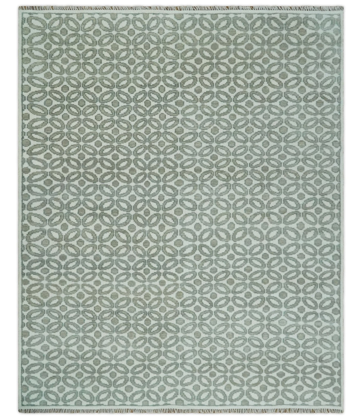Modern Geometrical Ivory, Teal and Brown Hand Knotted 8x10 wool Area Rug