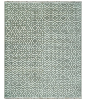 Modern Geometrical Ivory, Teal and Brown Hand Knotted 8x10 wool Area Rug