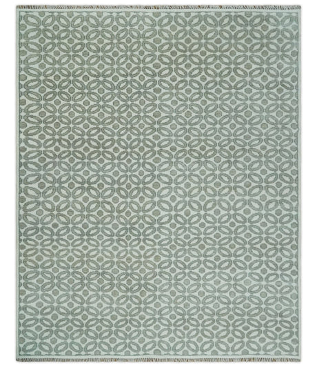 Modern Geometrical Ivory, Teal and Brown Hand Knotted 8x10 wool Area Rug