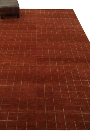 Modern Geometrical Rust and Gold 6x9 Hand loom Wool and Art Silk Area Rug