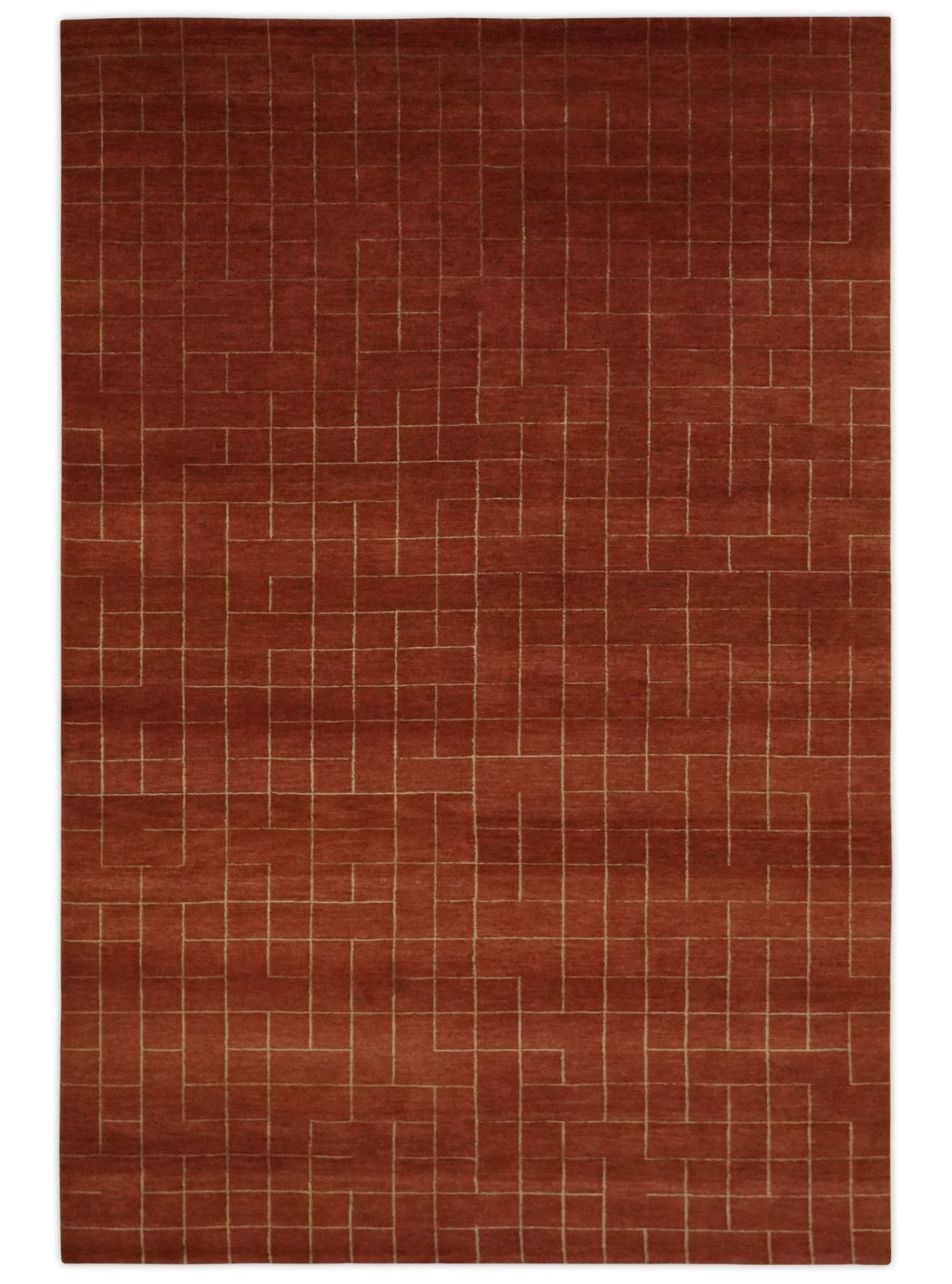 Modern Geometrical Rust and Gold 6x9 Hand loom Wool and Art Silk Area Rug