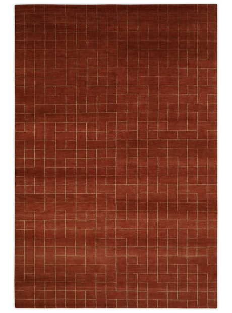 Modern Geometrical Rust and Gold 6x9 Hand loom Wool and Art Silk Area Rug