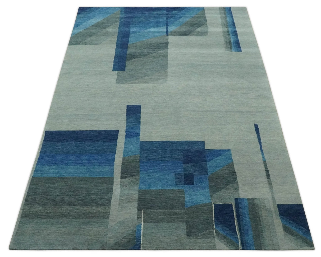 Modern Geometrical Silver, Blue, and Charcoal Hand Knotted 6x9 Wool and Art Silk Area Rug