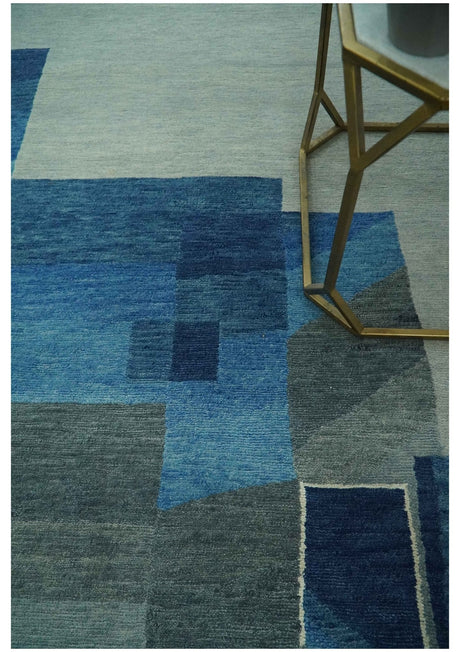 Modern Geometrical Silver, Blue, and Charcoal Hand Knotted 6x9 Wool and Art Silk Area Rug