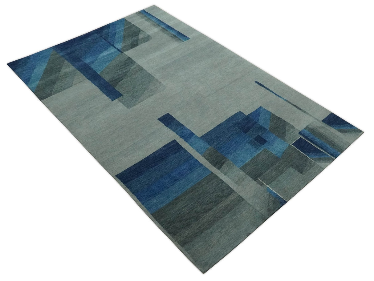 Modern Geometrical Silver, Blue, and Charcoal Hand Knotted 6x9 Wool and Art Silk Area Rug