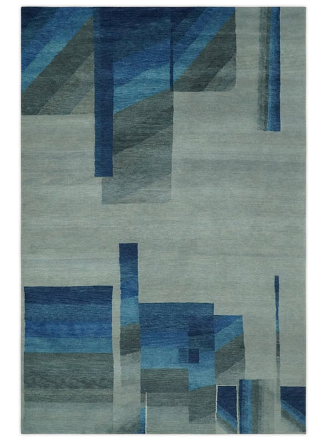 Modern Geometrical Silver, Blue, and Charcoal Hand Knotted 6x9 Wool and Art Silk Area Rug