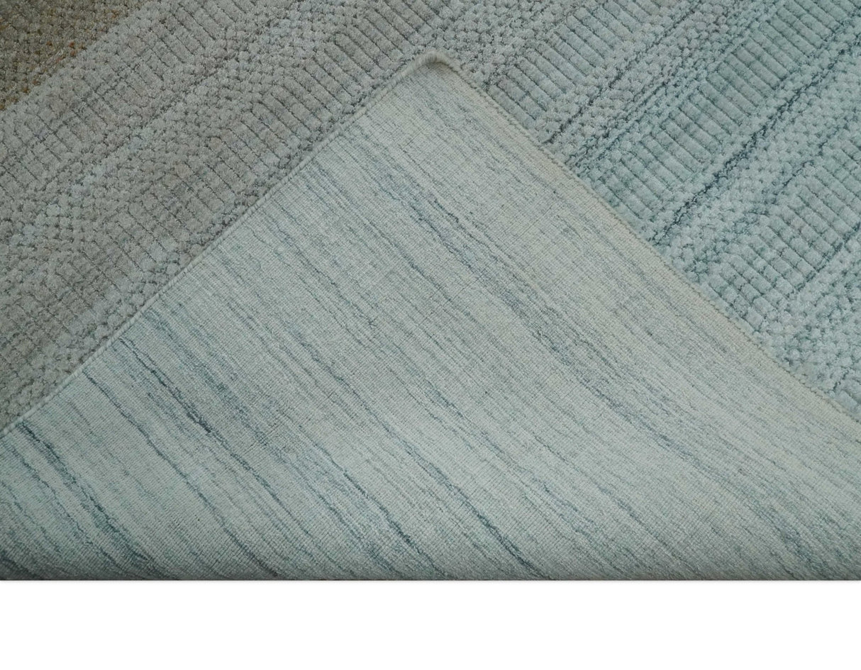 Modern Ombre 8x10 Hand Made Silver, Blue, Gold and Beige Scandinavian Blended Wool Flatwoven Area Rug | KE13