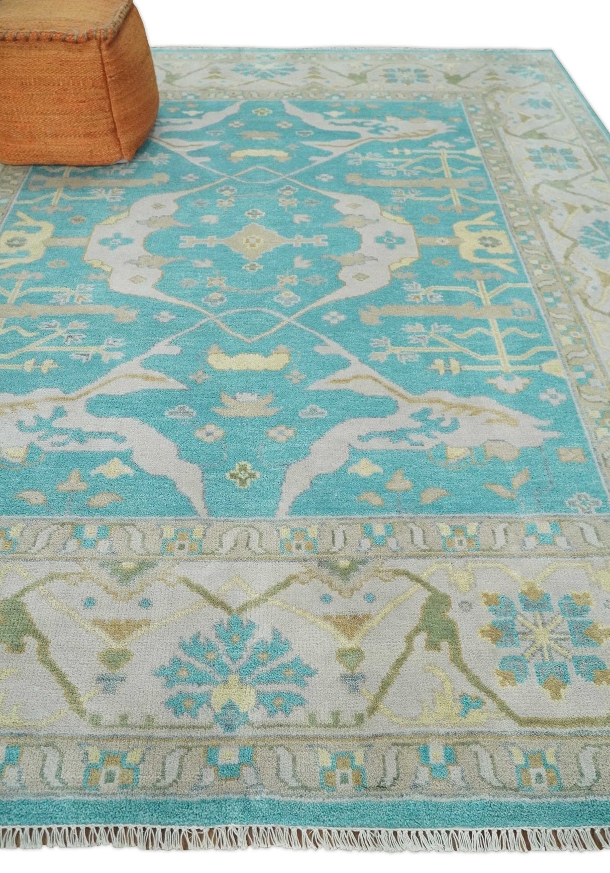 Modern Oushak Hand Knotted 8x10 Persian Blue and Silver Antique Wool Area Rug | TRDCP912810