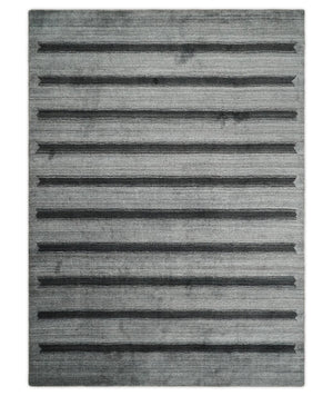 Modern Scandinavian Stripes Style 5x7 Silver and Gray Wool Hand Woven Area Rug | HL11