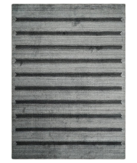Modern Scandinavian Stripes Style 5x7 Silver and Gray Wool Hand Woven Area Rug | HL11