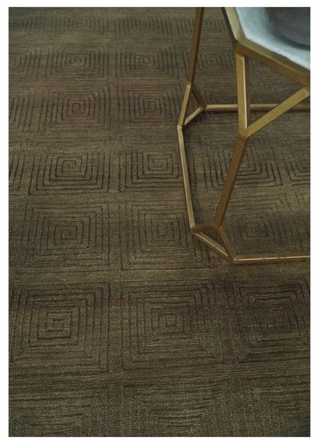 Modern Solid Olive Geometrical Pattern Contemporary Handloom 5x7 wool and Art silk Area Rug