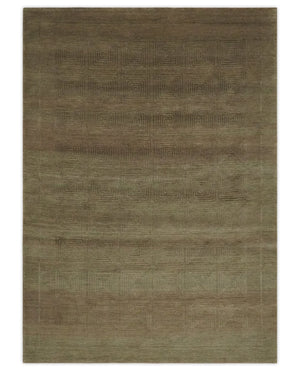 Modern Solid Olive Geometrical Pattern Contemporary Handloom 5x7 wool and Art silk Area Rug