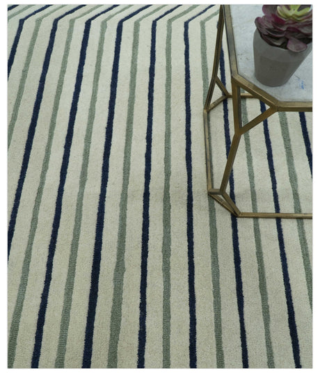 Modern Stripes Design Beige And Blue Hand Tufted Custom Made Wool Area Rug