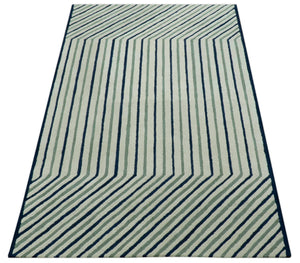Modern Stripes Design Beige And Blue Hand Tufted Custom Made Wool Area Rug
