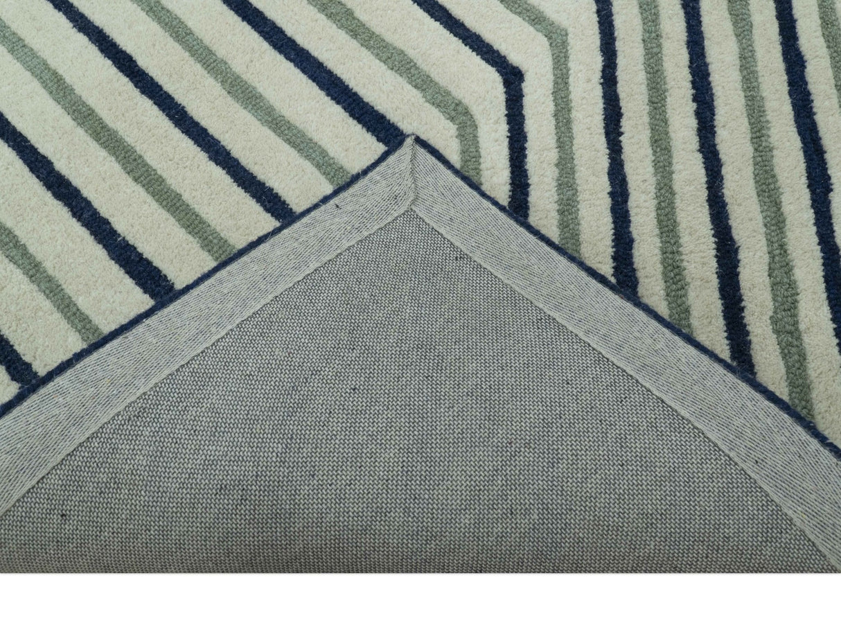 Modern Stripes Design Beige And Blue Hand Tufted Custom Made Wool Area Rug