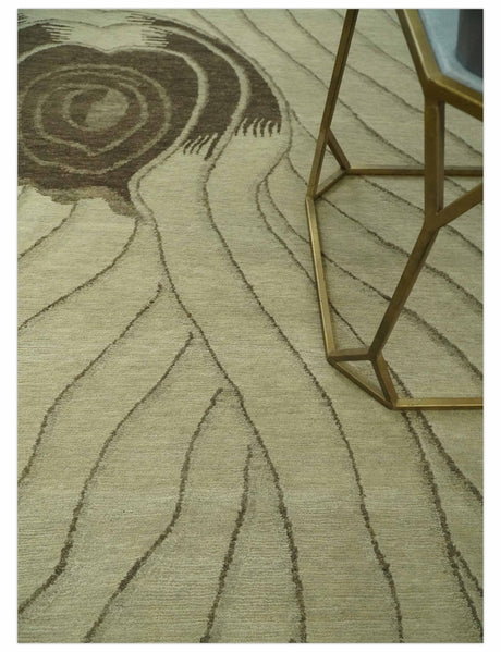 Modern Stripes Design Beige and Brown Hand loom 5.6x8 wool and art Silk Area Rug